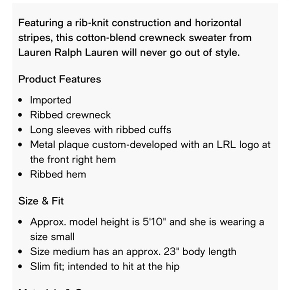 Lauren Ralph Lauren Cream Black Striped Ribbed Knit Crewneck Slim Fit L Classic - Picture 8 of 8